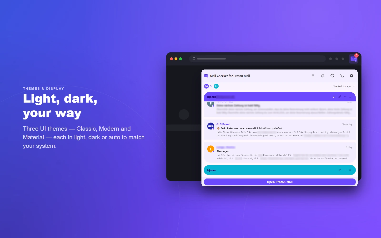 Themes and display — a wide range of themes, each in light, dark or auto