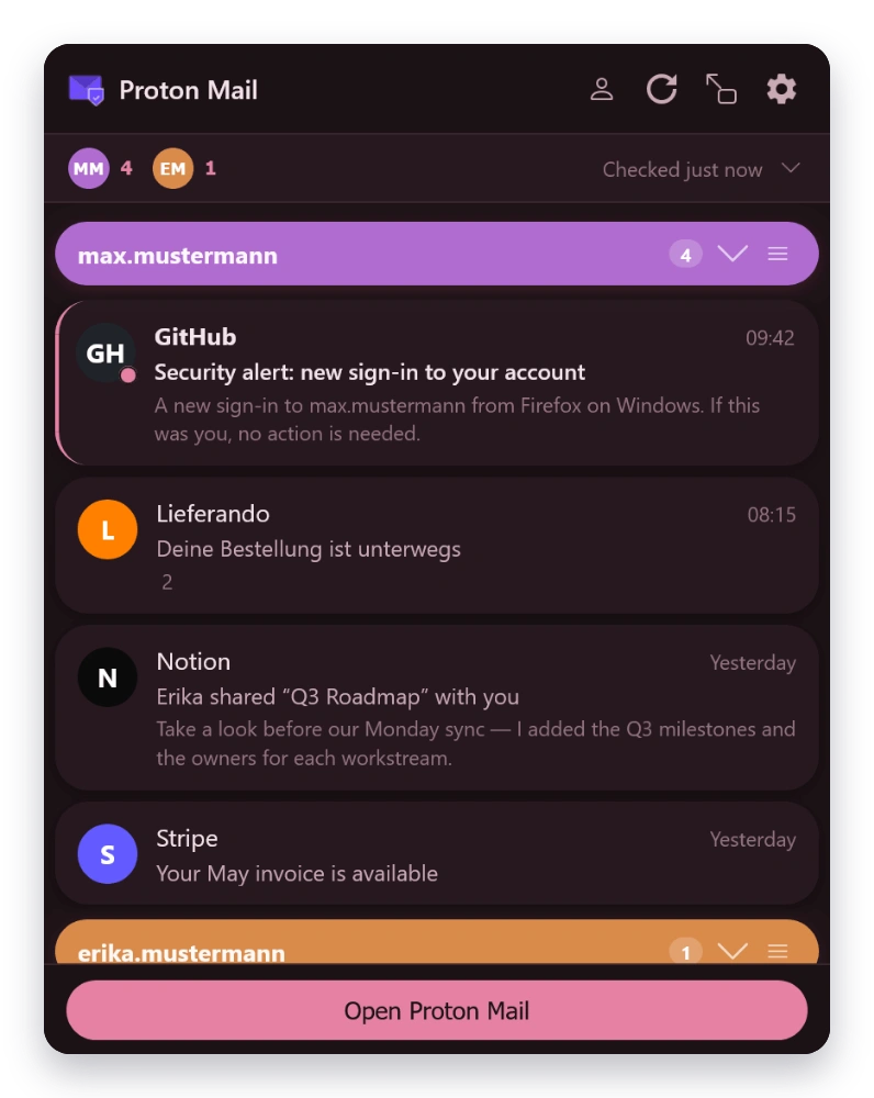 Mail Checker inbox in the Blossom theme — dark