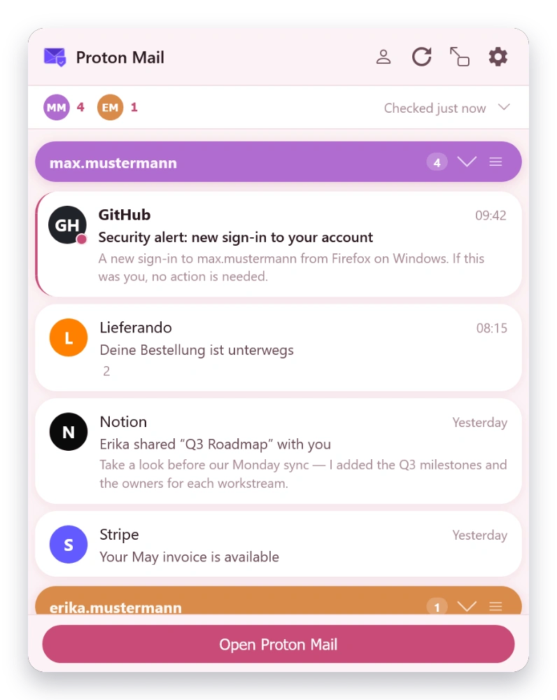 Mail Checker inbox in the Blossom theme — light