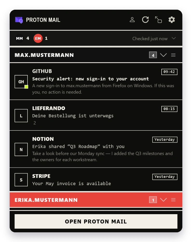 Mail Checker inbox in the Brutalist theme — dark