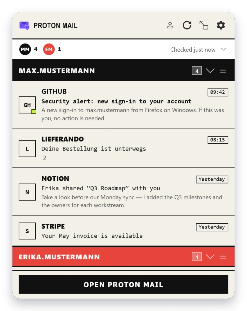 Mail Checker inbox in the Brutalist theme — light