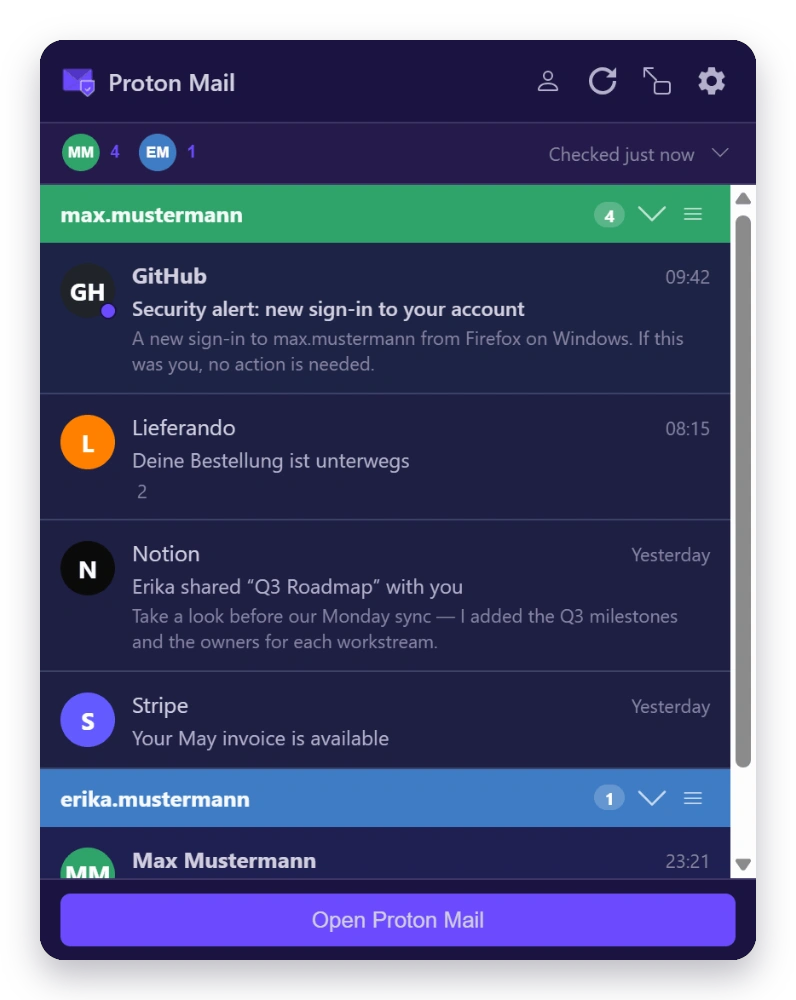 Mail Checker inbox in the Classic theme — dark