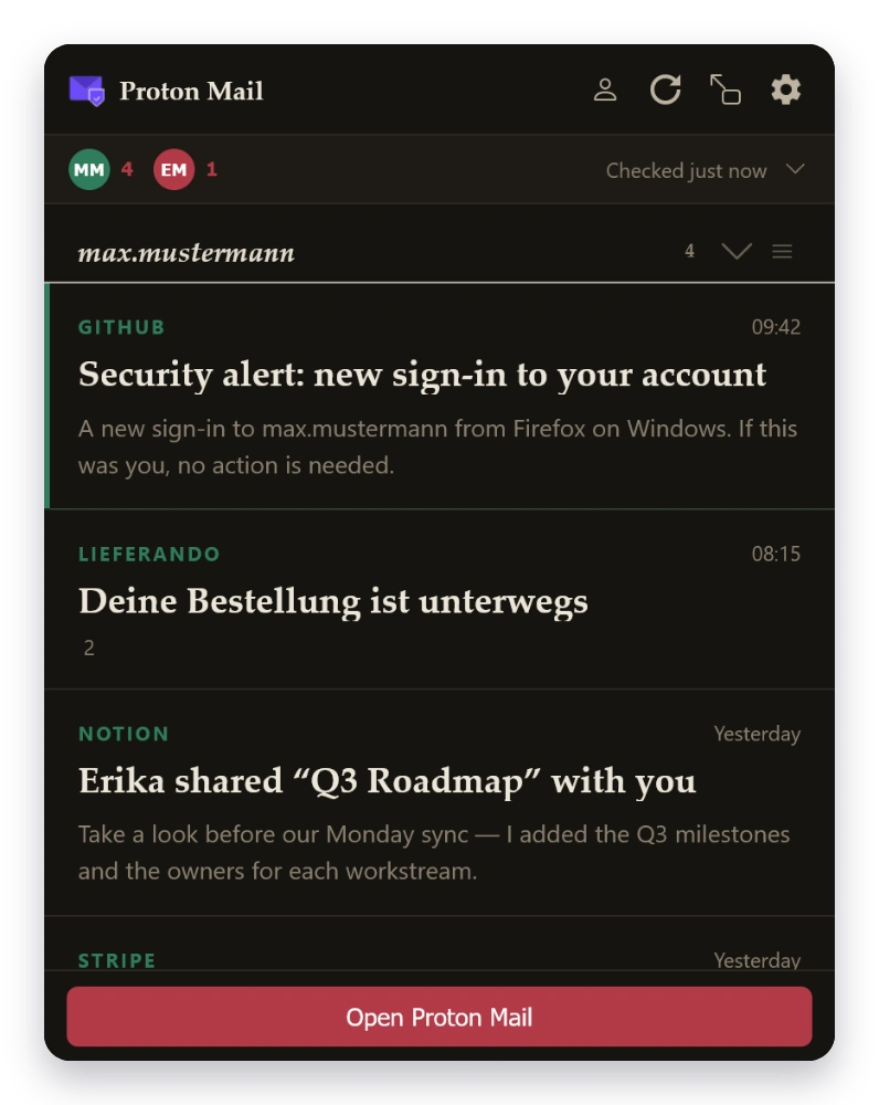Mail Checker inbox in the Digest theme — dark