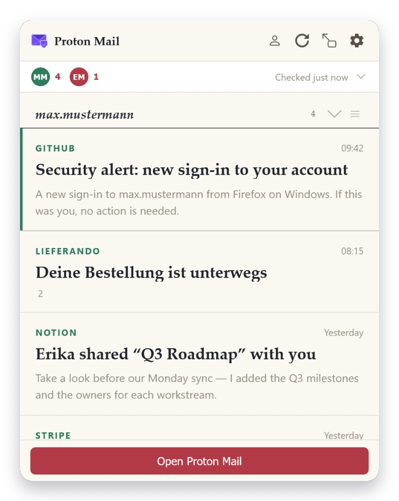 Mail Checker inbox in the Digest theme — light