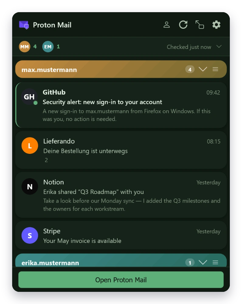 Mail Checker inbox in the Forest theme — dark