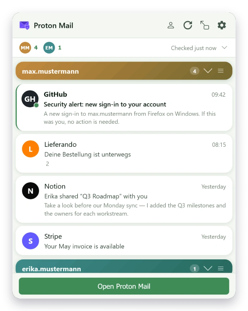 Mail Checker inbox in the Forest theme — light