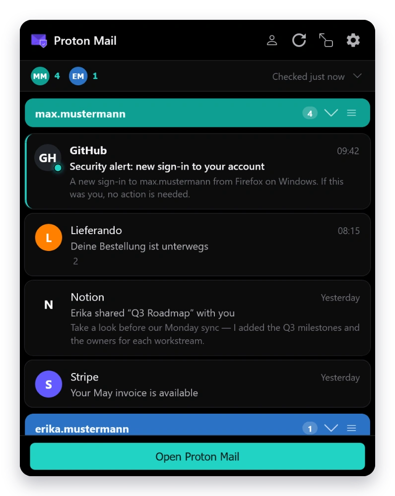Mail Checker inbox in the Graphite theme — dark