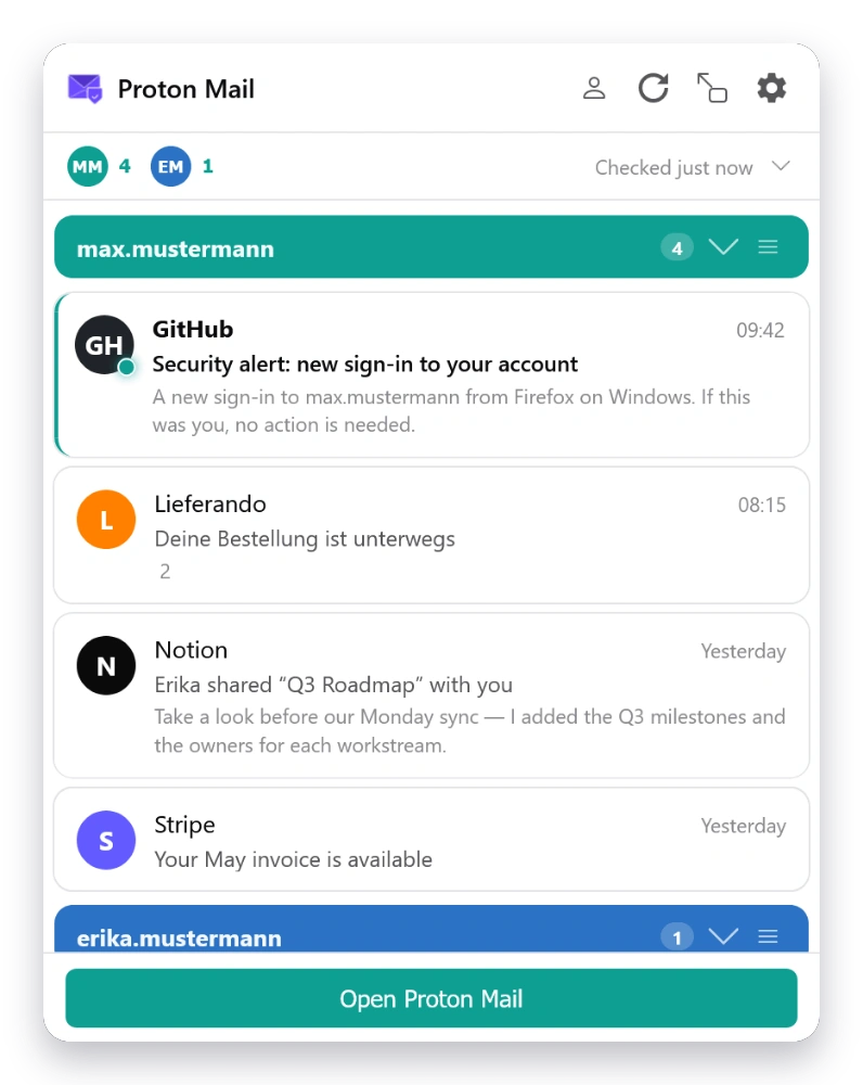 Mail Checker inbox in the Graphite theme — light