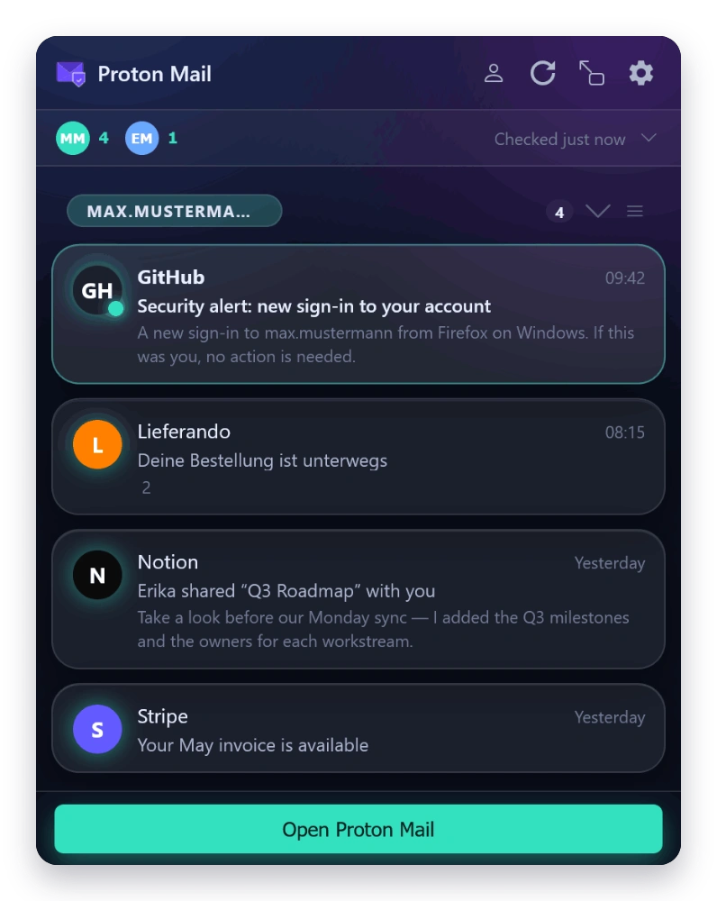Mail Checker inbox in the HUD theme — dark