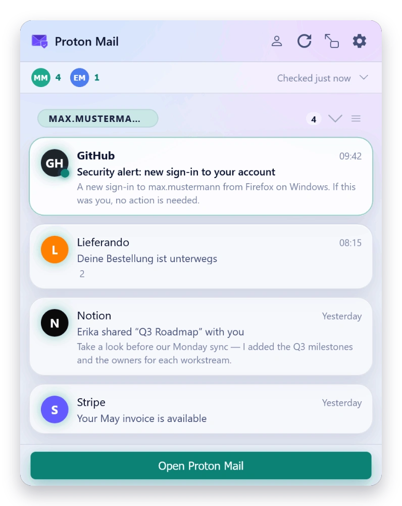 Mail Checker inbox in the HUD theme — light