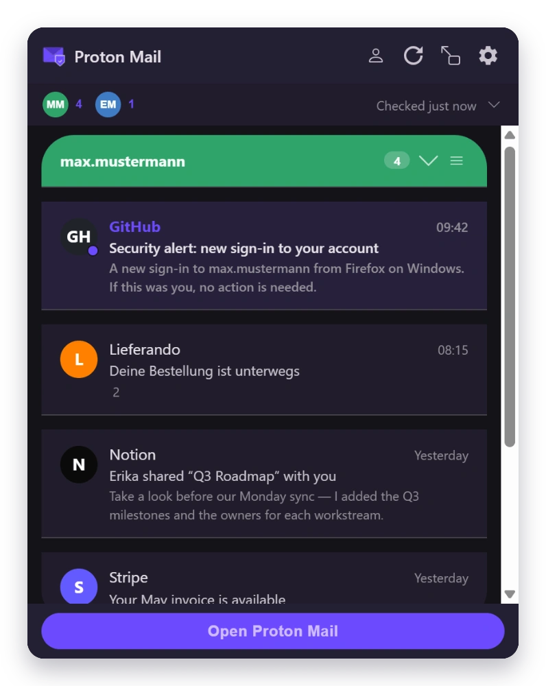 Mail Checker inbox in the Material theme — dark