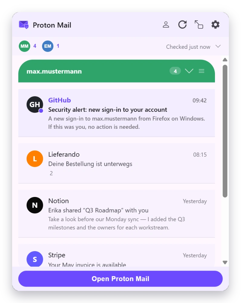 Mail Checker inbox in the Material theme — light