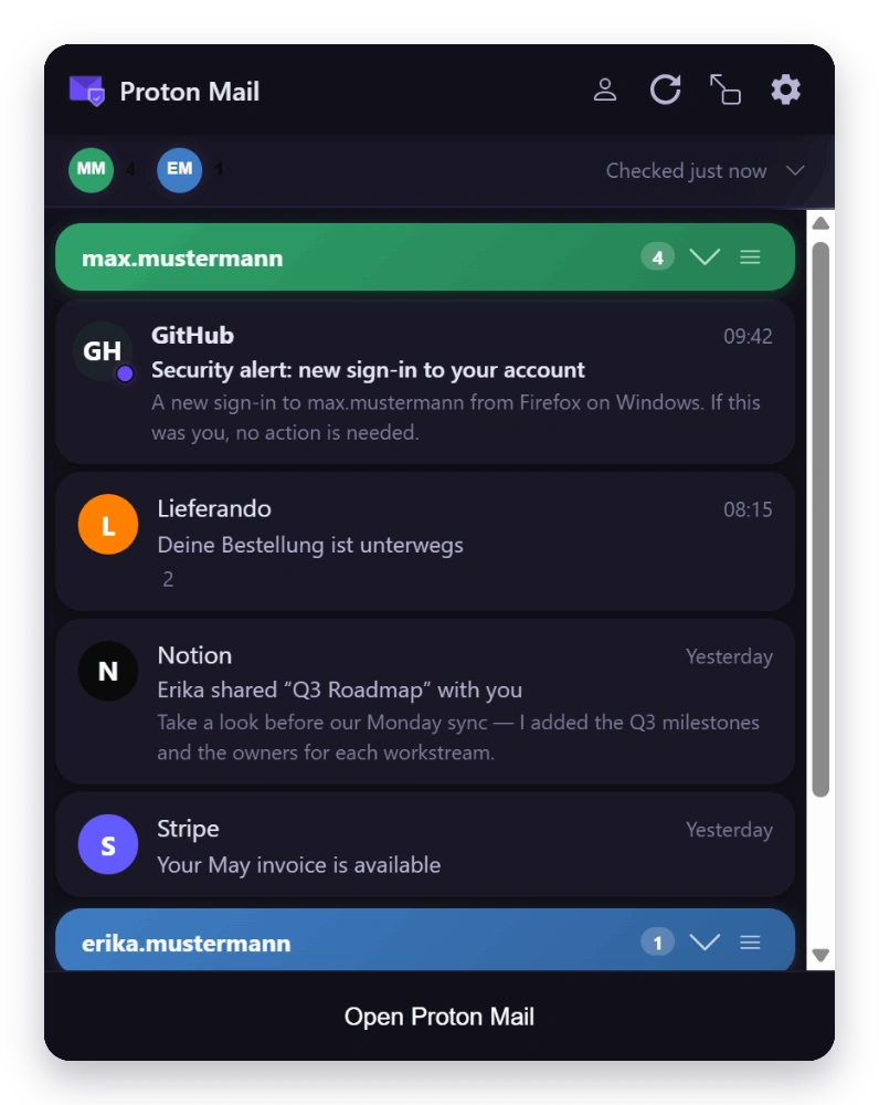 Mail Checker inbox in the Modern theme — dark
