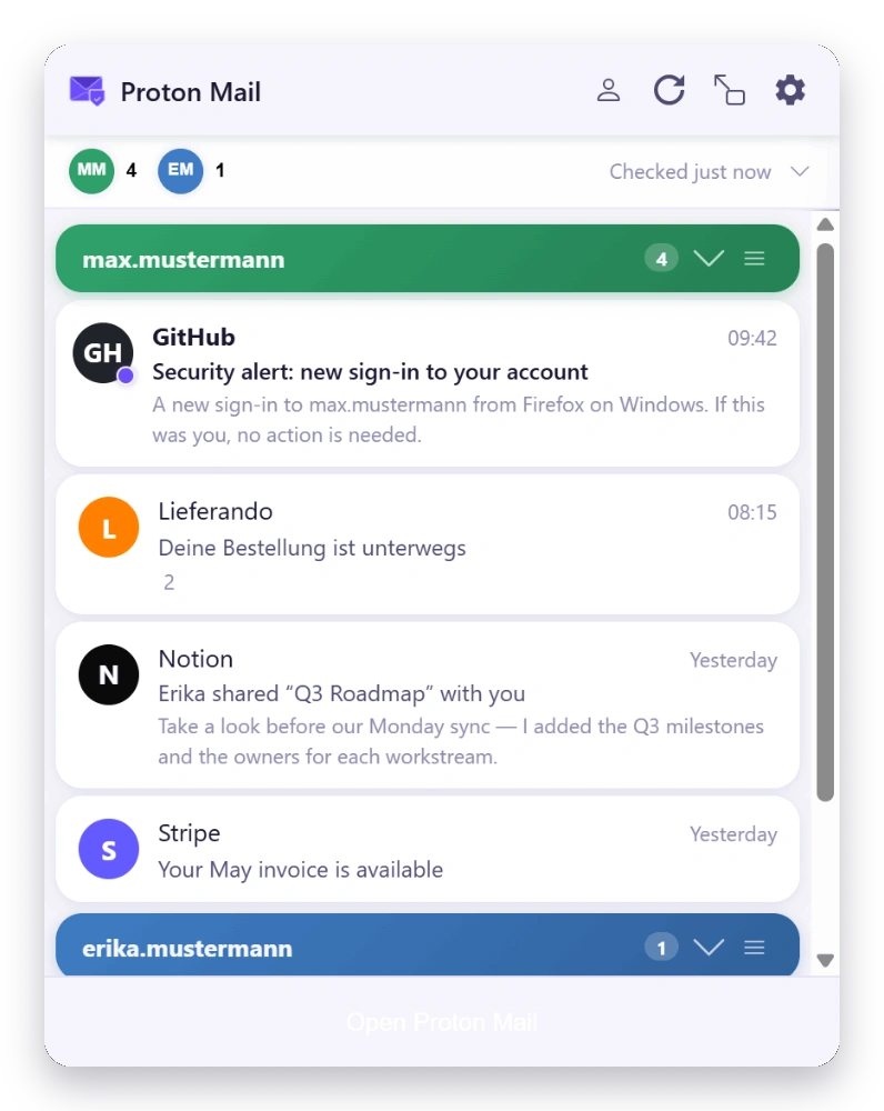 Mail Checker inbox in the Modern theme — light