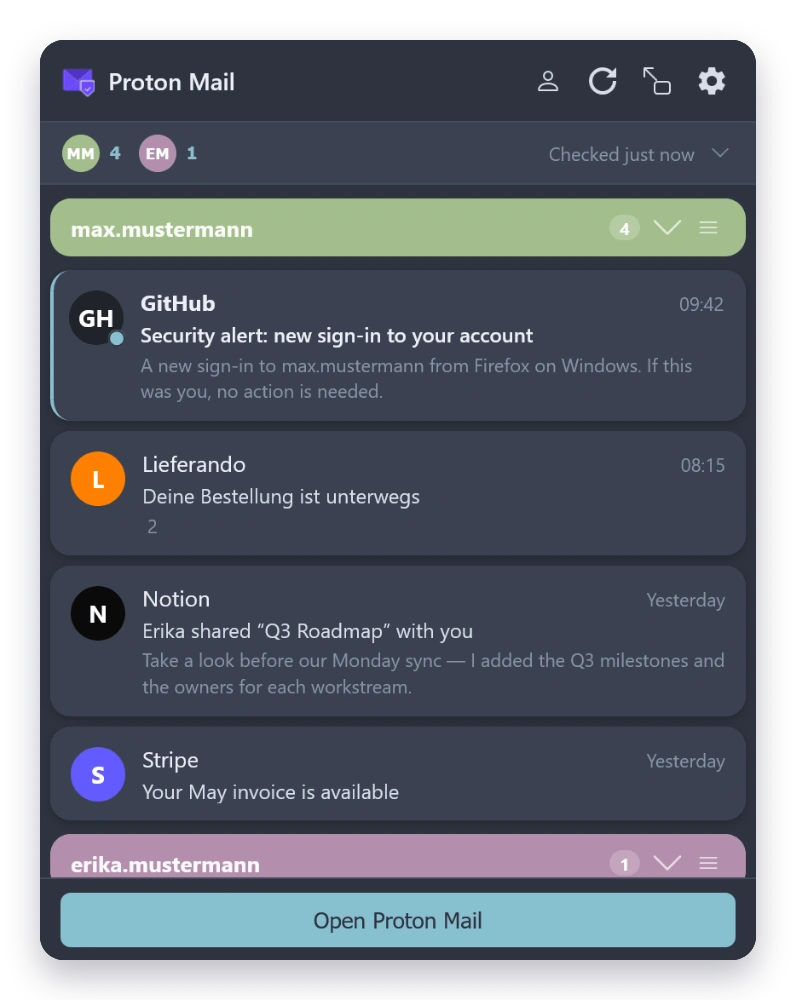 Mail Checker inbox in the Nord theme — dark