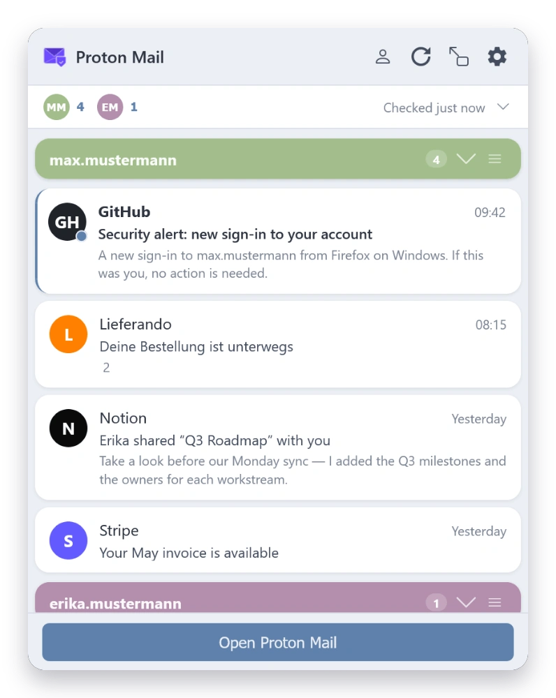 Mail Checker inbox in the Nord theme — light