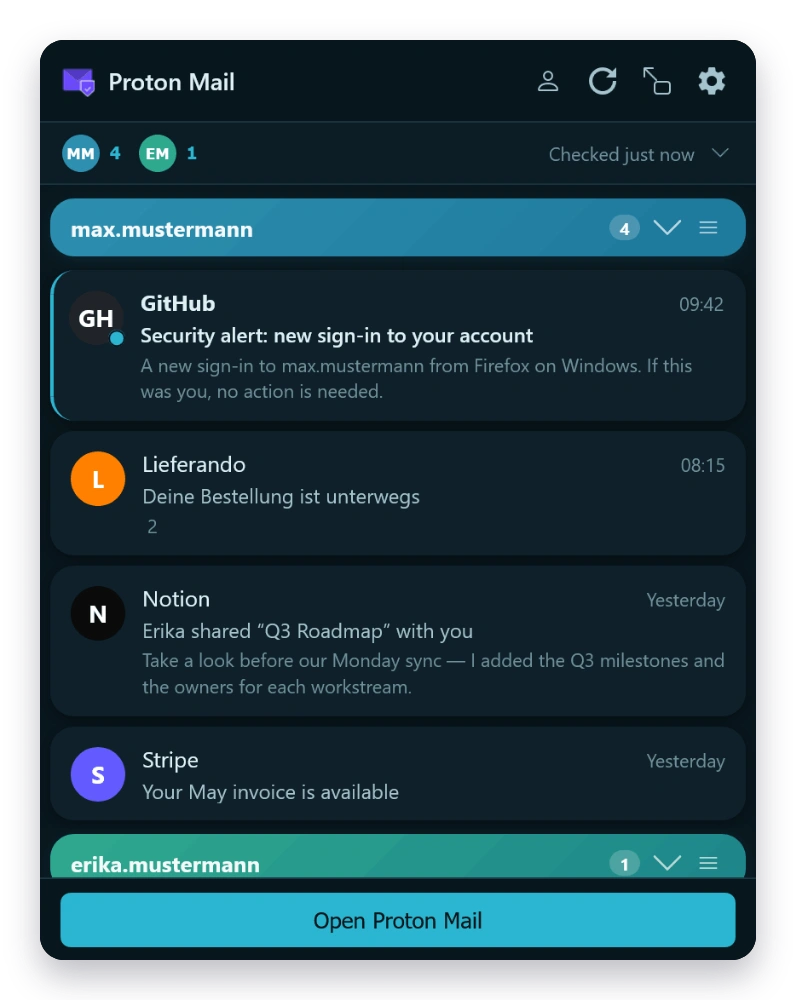 Mail Checker inbox in the Ocean theme — dark