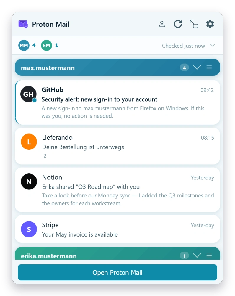 Mail Checker inbox in the Ocean theme — light