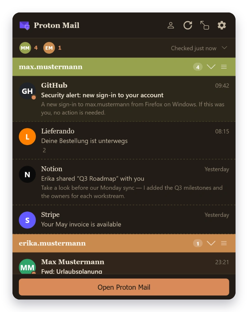 Mail Checker inbox in the Paper theme — dark