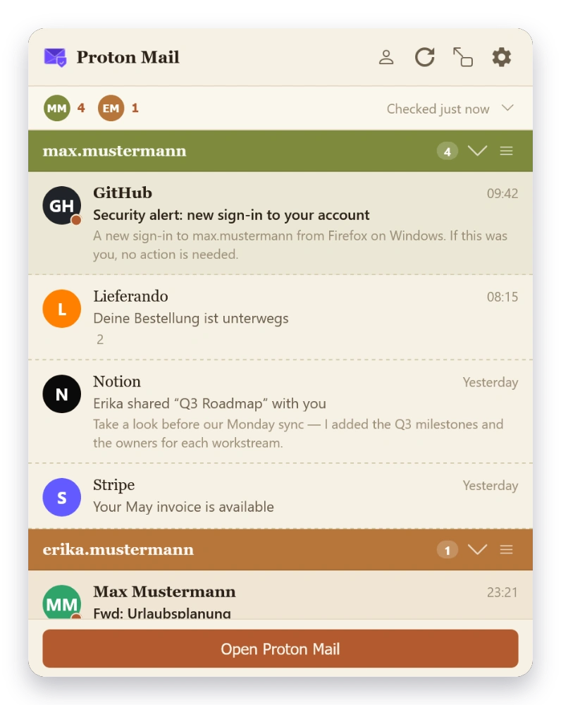 Mail Checker inbox in the Paper theme — light