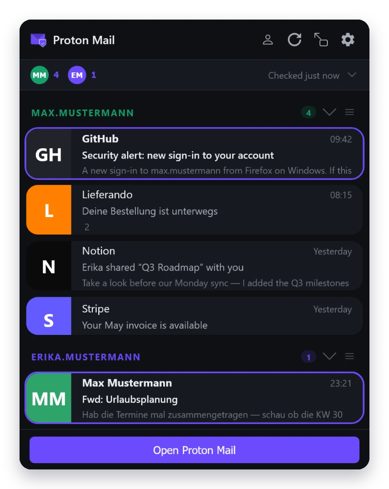 Mail Checker inbox in the Postcard theme — dark