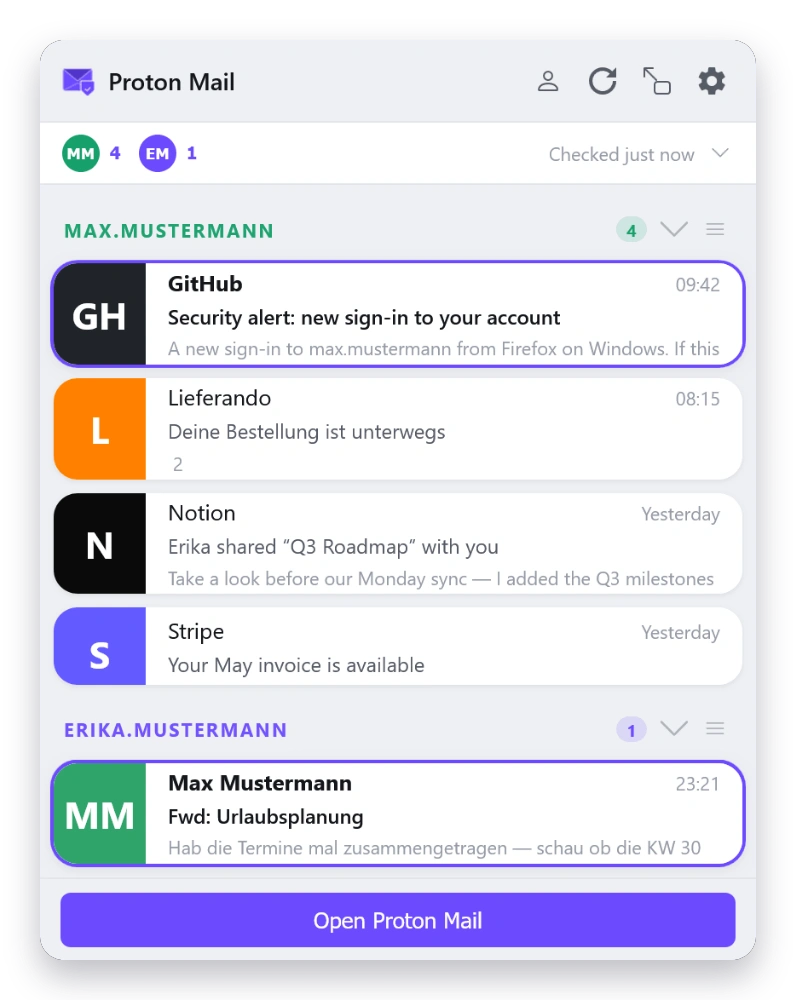 Mail Checker inbox in the Postcard theme — light