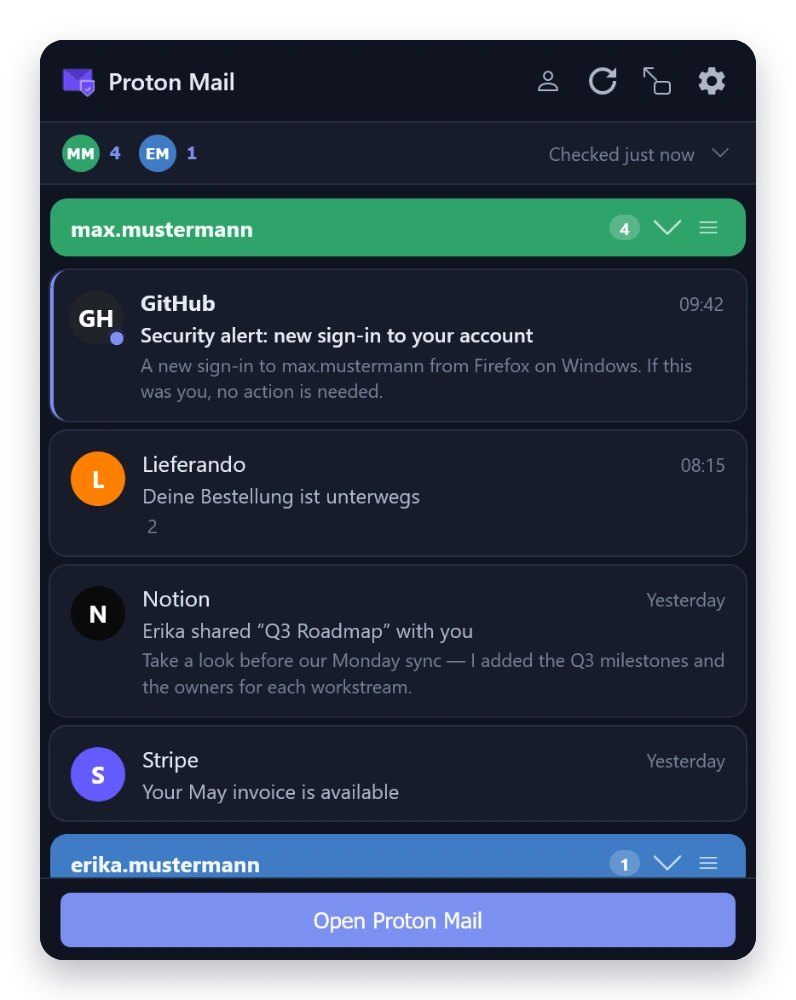 Mail Checker inbox in the Slate theme — dark