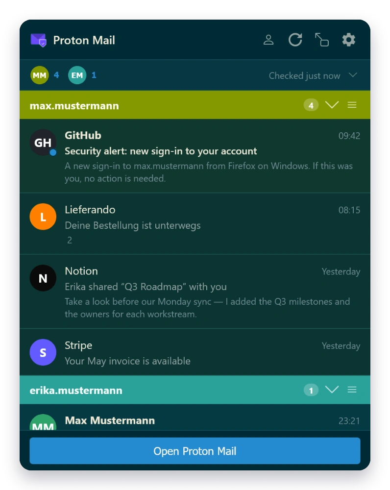 Mail Checker inbox in the Solarized theme — dark