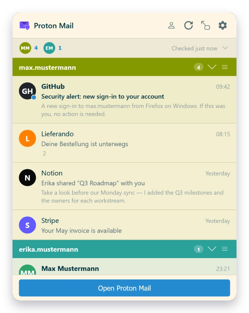 Mail Checker inbox in the Solarized theme — light