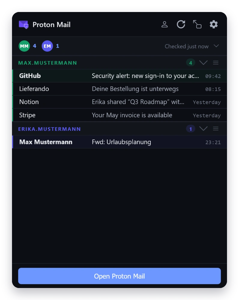Mail Checker inbox in the Stream theme — dark