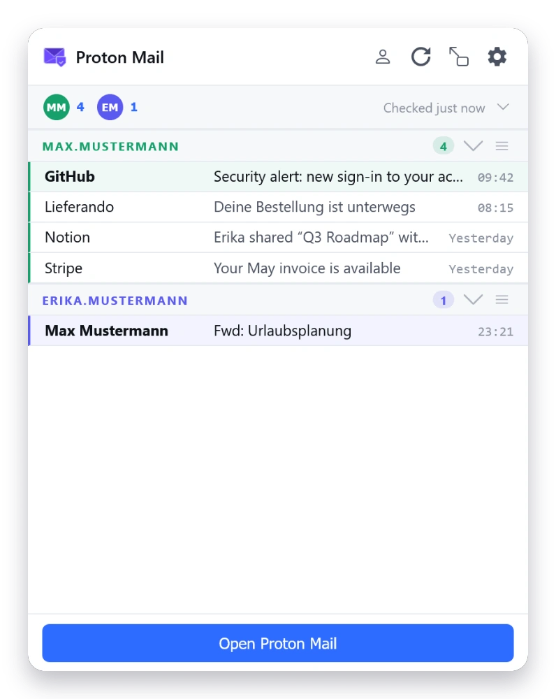 Mail Checker inbox in the Stream theme — light
