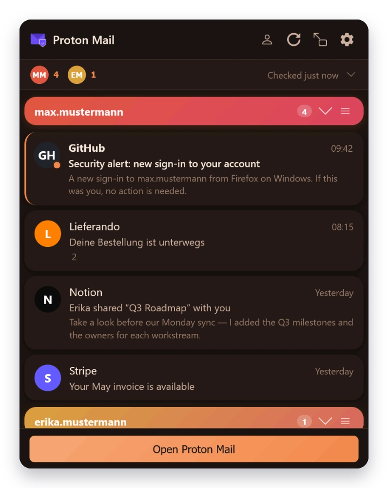 Mail Checker inbox in the Sunset theme — dark