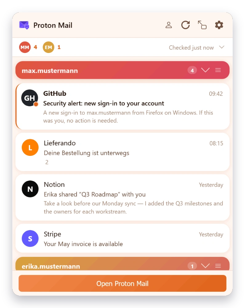 Mail Checker inbox in the Sunset theme — light
