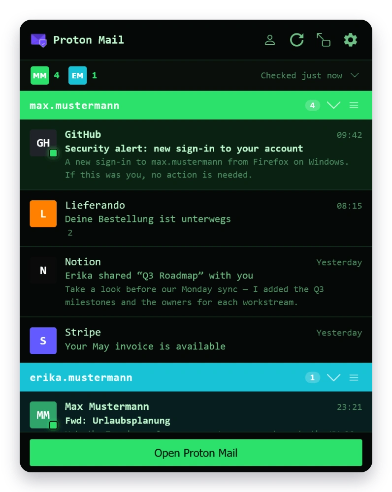 Mail Checker inbox in the Terminal theme — dark