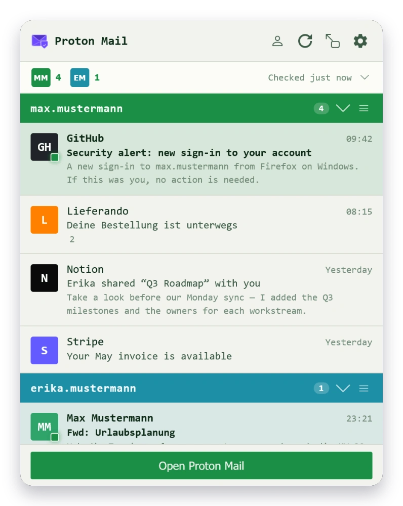 Mail Checker inbox in the Terminal theme — light