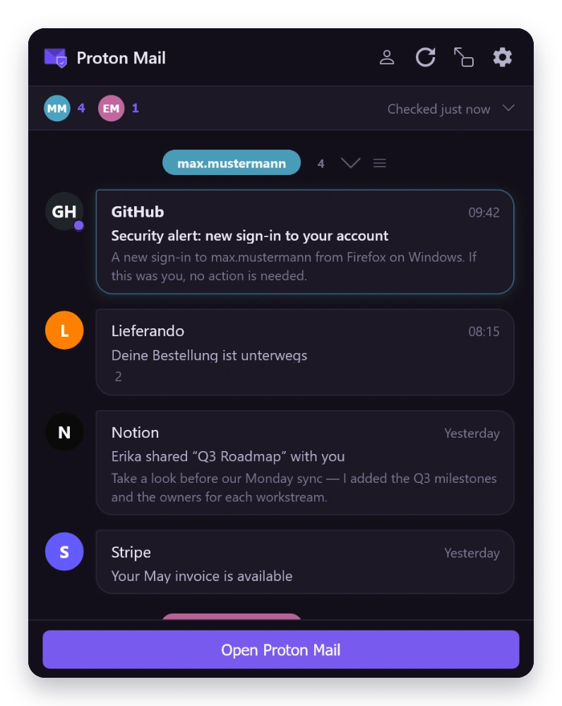 Mail Checker inbox in the Timeline theme — dark