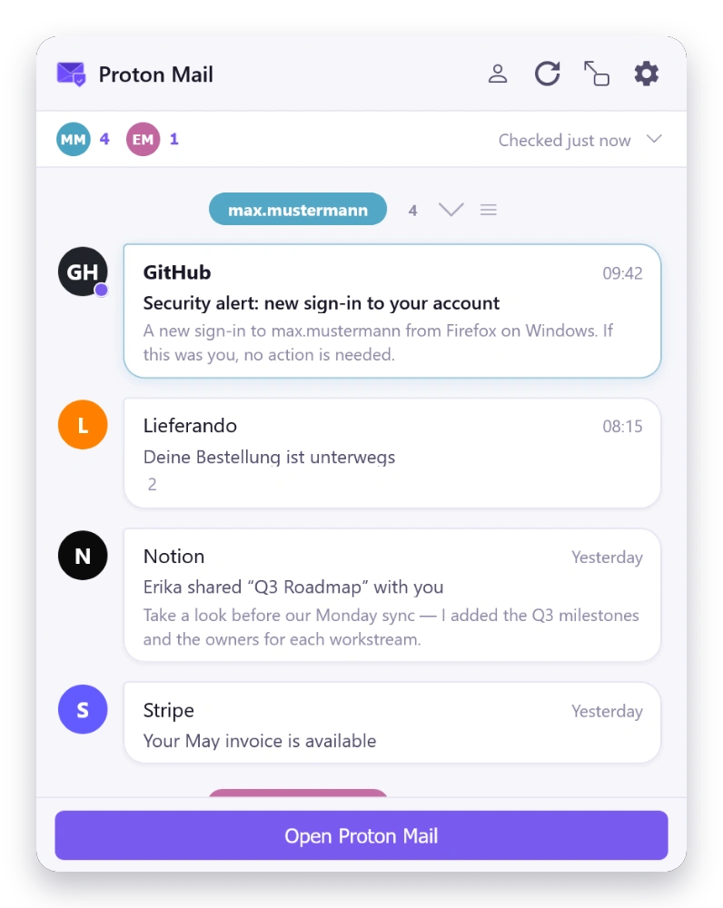 Mail Checker inbox in the Timeline theme — light